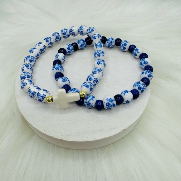 Ceramic Floral mix Beaded & Cross Stretch Bracelet Duo - Picture 1 of 5